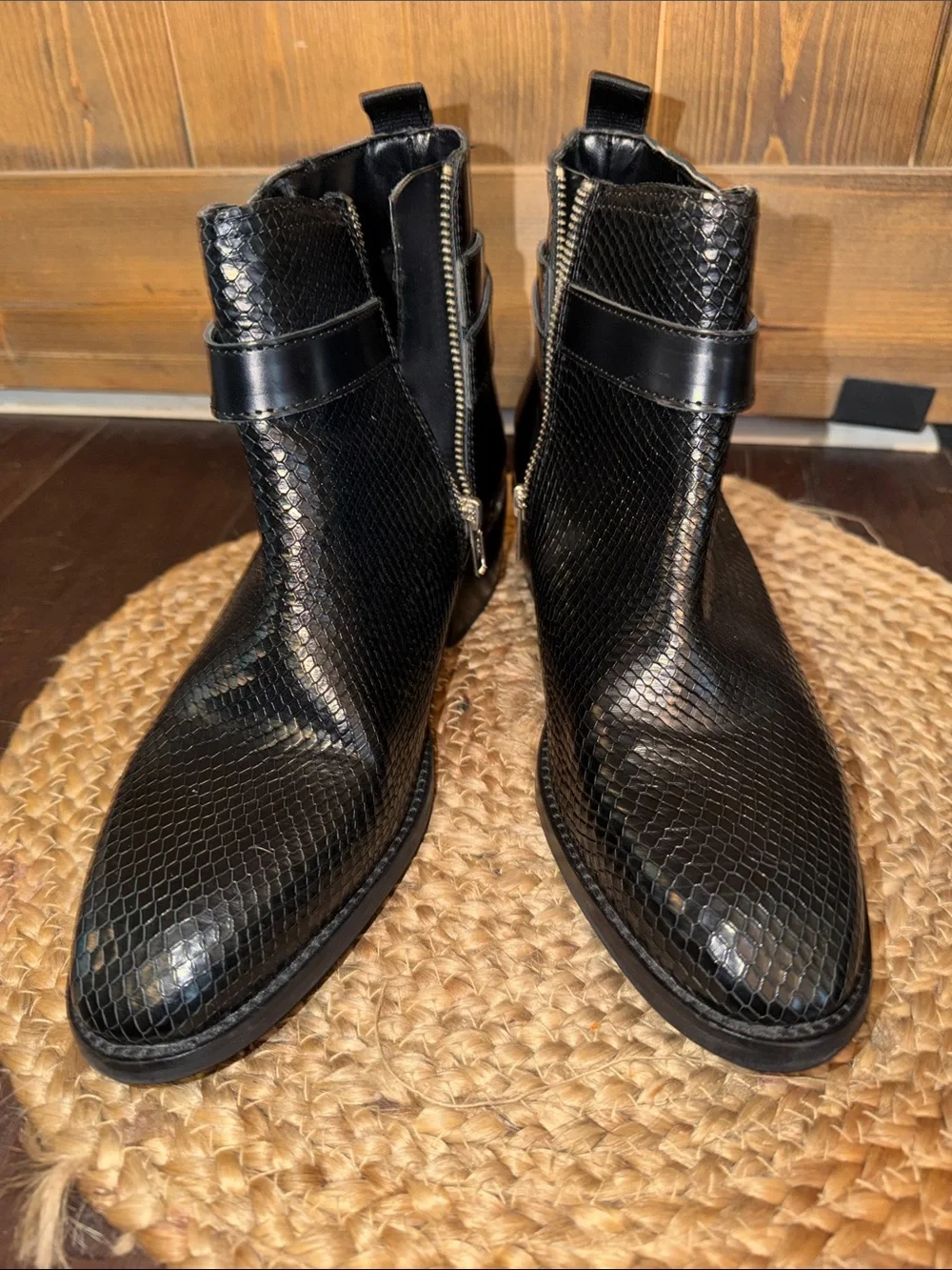 H by Hudson Black Embossed Leather Ankle Boot with Buckle size 40